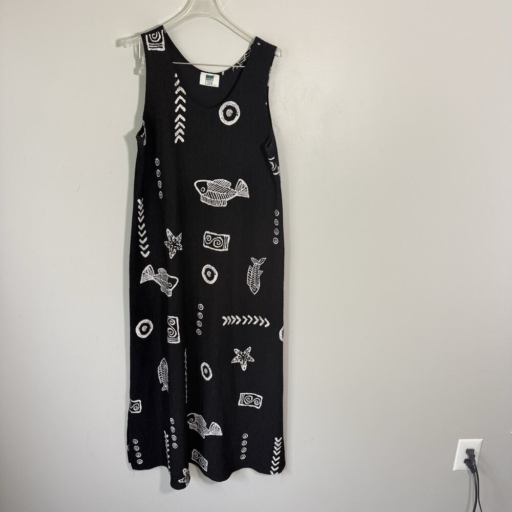 Vintage Gauze Maxi Dress Women Size M Black Fish Print Sleeveless Beach Vacation